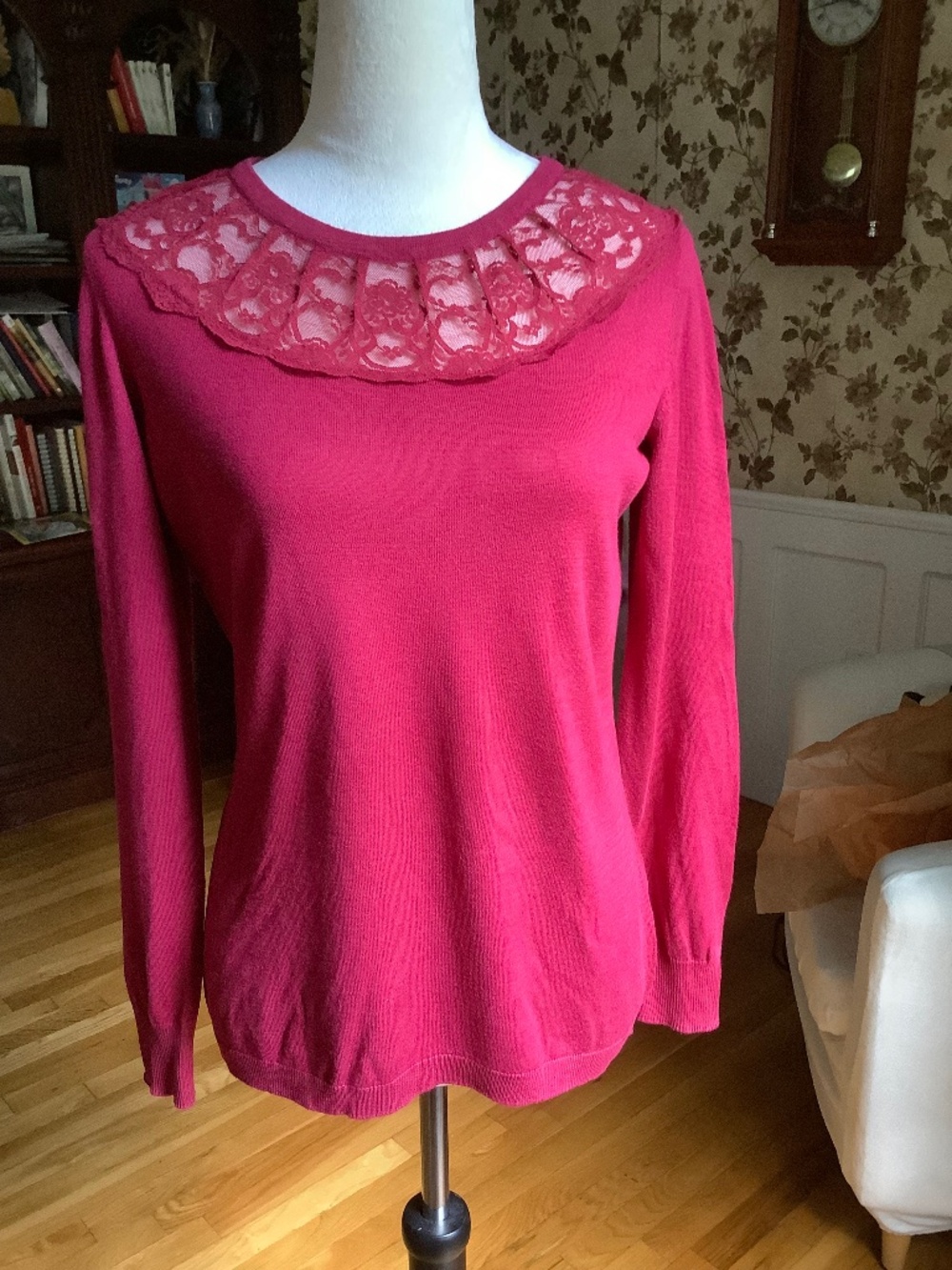 White House Black Market Lace Neck Cotton Blend Maroon Sweater Size S